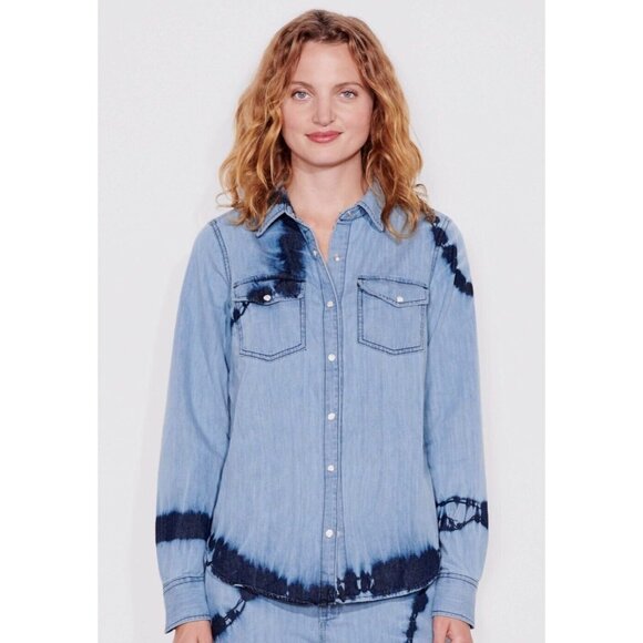 Sundry | Denim Tie Dye Long Sleeve Shirt | Star Heart Embroidery on Elbows | M - Picture 2 of 12